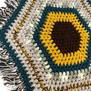 Vintage Handmade Crochet Hexagon 34” Rug 70s 80s Brown Mustard Gold Teal Yarn